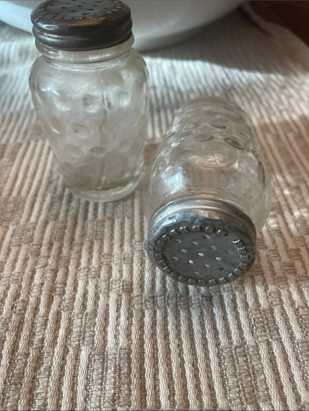 Antique Clear Textured Glass Salt and Pepper Shakers with Metal Lids — Clear